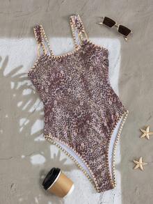 Swim Vcay Purple Leopard Print One-Piece Swimsuit,Brown Summer Casual Holiday Vacation Retro Elegance Adjustable Metal Buckle Straps High-Stretch Form-Fitting - Brown - View 7