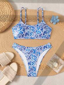 Swim Lushoire Women's Summer New Beach Swim Fashion Vacation Sweet Cute Multi-Color Small Ditsy Floral Textured Fabric Bandeau Two Pieces Bikini Set Sexy Backless - Multicolor - View 5