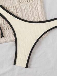 Swim Basics Women's Contrast Color Trim Twist Front Bikini Set For Summer Beach Vacation - Beige - View 5