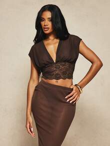 AiiRZ Deep V Neck Lace Panelled Mesh Crop Top With Short Sleeves And Gathered Waist Band Detail - Brown - View 4