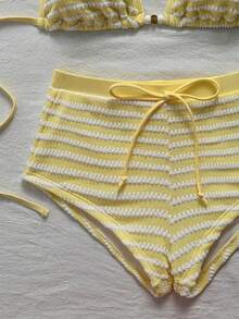 SHEIN Swim 2026春夏新款黃色三角杯高腰比基尼泳褲兩件式女款泳衣，海灘度假熱帶性感風 - 彩色 - 查看 8