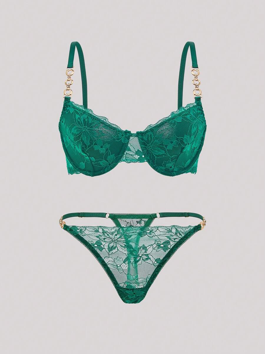 Hourtrue 蕾絲鏈條細節鋼圈內衣 & 內褲性感內衣套裝夏季適用 - 墨綠色 - 查看 1
