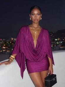 Slaydiva Fuchsia Cowl Neck Bell Sleeve Bodycon Mini Dress Draped Satin Look Party Club Vacation Dress For -A - Purple - View 9