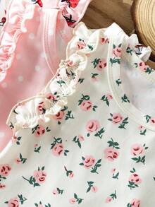 SHEIN Vintaside Kids 3件組女嬰夏季休閒套裝 可愛白色與粉色素色 & 條紋上衣 荷葉邊袖 舒適度假出遊日常穿搭 - 粉色 - 查看 3
