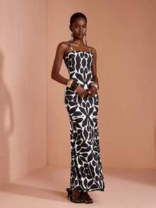 JIAN LASALA All-Over Print Knit Spaghetti Straps Sleeveless Mermaid Hem Women Maxi Dress Bobo Elegant Dinner Date Party Night Vacation Black And White Summer - Multicolor - View 5