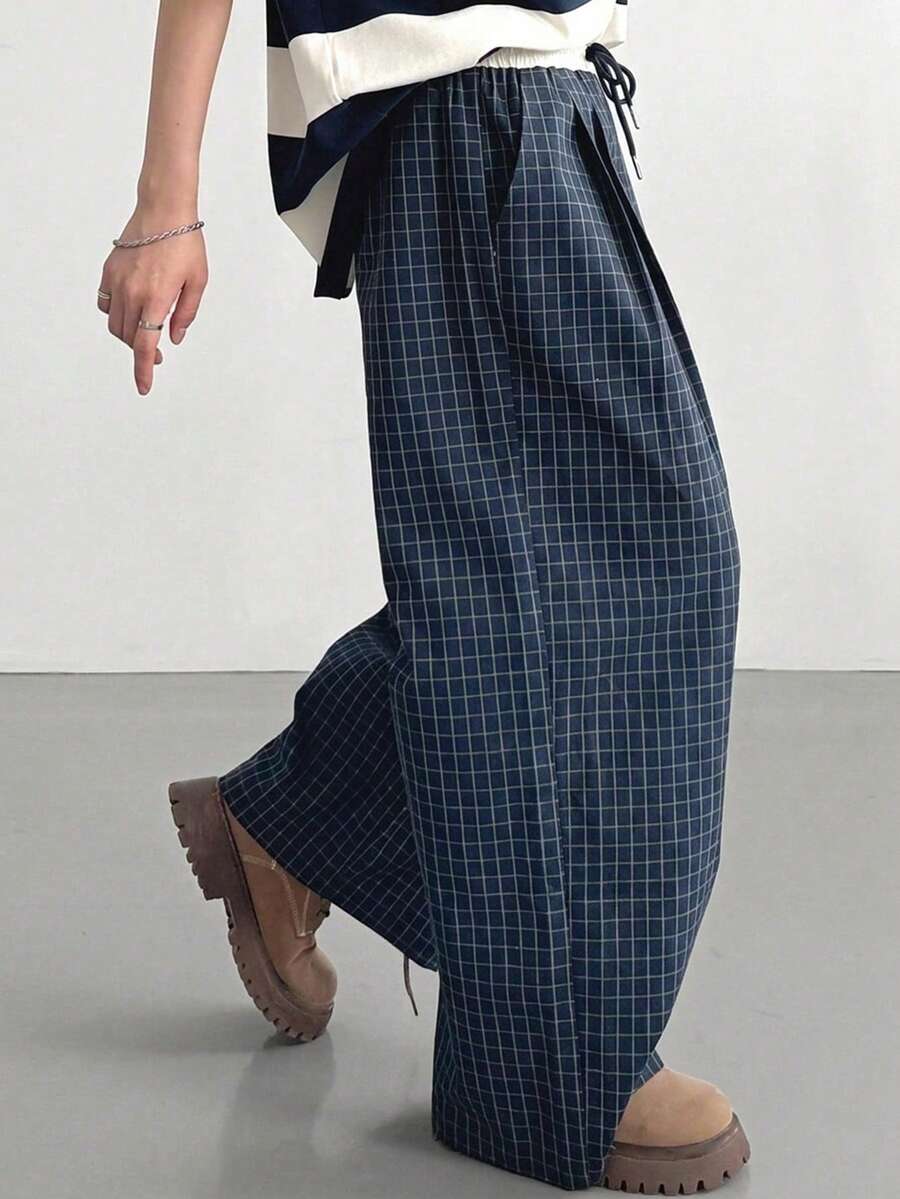 DAZY Plaid Loose Patchwork Design Long Pants For Boys (Large) - Navy Blue - View 1