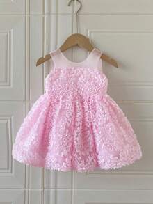 SHEIN Glamorique Kids Váy hồng bé gái với thêu 3D và nơ satin lớn có thể tháo rời ở phía sau, phù hợp cho đám cưới, họp mặt gia đình, tiệc trà chiều cao cấp cha mẹ và con cái, tiệc tối, tiệc sinh nhật, tiệc sinh nhật đầu tiên của bé, chụp ảnh hàng ngày, mặc đi nghỉ, váy dạ hội tốt nghiệp, váy không tay mùa hè - Hồng - Xem 11