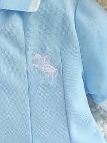 SHEIN 女嬰新款夏季馬術刺繡 Polo 領學院風休閒洋裝，適合外出、度假、旅行及日常穿著 - 淺藍色 - 查看 8