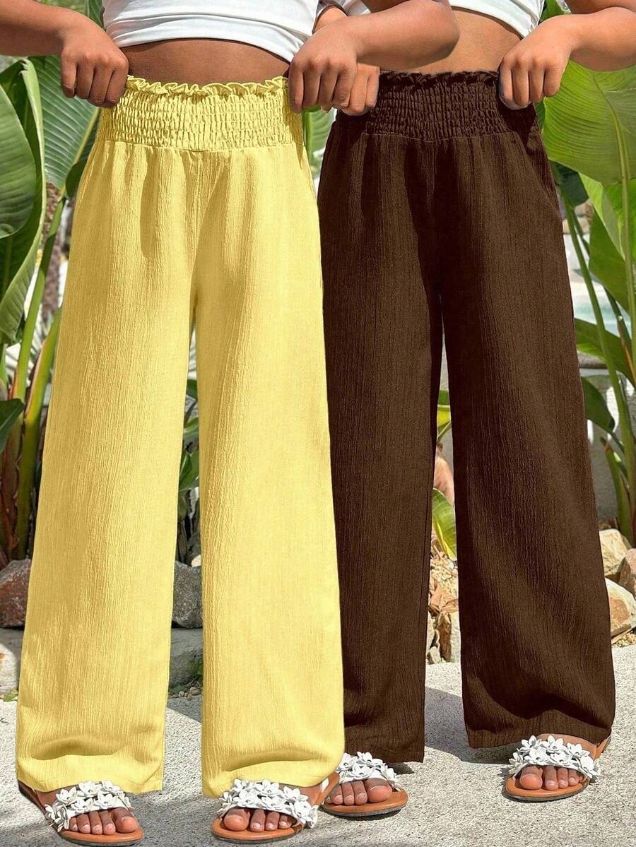 Sparklyn Girls Casual Vacation Beach Pastoral Travel Daily Home Versatile All-Match Rope Tie Ruffle Loose Wide Leg 2pcs Long Pants - Multicolor - View 1