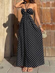 Sunnyshic 女款玫瑰紅佩斯利圖案腰果形夏季抹胸式綁帶設計修身顯瘦歐美性感辣妹風海灘度假洋裝 - 黑色 - 查看 4