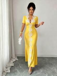 Elenzga Women's High Waist Short Sleeve V-Neck Long Dress Party Butter Yellow Summer Disco Sexy - Yellow - View 5