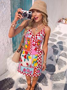 Vivid Eden 女款側綁帶植物印花海灘度假印花洋裝 - 粉色 - 查看 3
