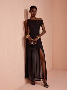 JIAN LASALA Mesh One Shoulder Ruched Sleeveless Women Boho Dress Party Casual Holiday - Brown - View 6