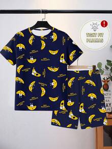 Tween Boys Pajamas, Spring/Summer New Fashion Hot-Selling Fun Banana Print Knit Snug Fit High Elastic Fabric Short Sleeve Shorts 2-Piece Set Loungewear Pajama Set - Royal Blue - View 4