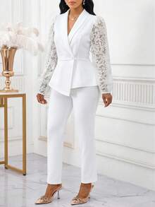 SHEIN Lady Women's Button Lace Patchwork Asymmetrical Hem Blazer And Casual Suit Pants Set - White - View 3