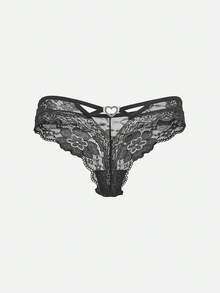 Lingerie Com Calcinha De Renda Floral E Anel De Coração Com Strass - Preto - Visão 2