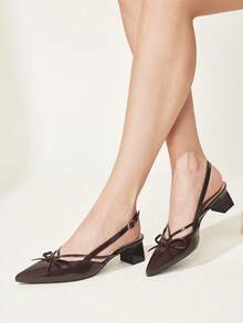 CUCCOO CHICEST Dark Brown Pointed Bow Slingback Thick Heel Sandals, Workplace Commuting Temperament Shoes - Three knives dark brown - View 6