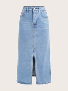 SHEIN ICON 日常經典水洗高腰口袋剪裁牛仔長裙 - 藍色 - 查看 6