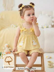 Cozy Pixies 2pcs Baby Girl Cartoon Duck Decor Bow Strap Top And Elastic Waist Shorts Set - Yellow - View 12