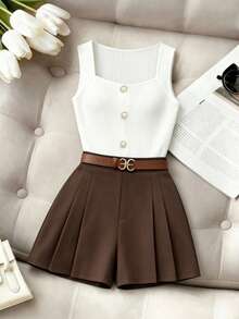 Elenzga Women's Vacation Faux Pearl Button Vest And Pleated Shorts 2-Piece Set - Brown - View 8