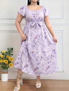 SHEIN Clasi 大码女式夏季印花圆领短袖插肩长连衣裙，圣诞节女式长裙套装 - 紫色 - 查看 6