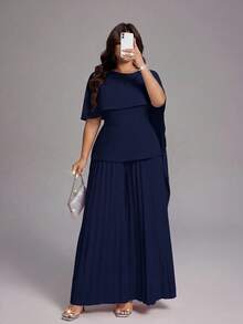 Viva Relle Plus Size Women's Spring/Summer New Light Luxury Banquet Style Bean Paste Pink Jumpsuit, Asymmetric Shawl Waist-Cinched Pleated Wide-Leg Pants. Suitable For High-End Evening Parties, Wedding Guests, Red Carpet Shows, Light Luxury Banquet Style Fashion Apparel - Navy Blue - View 7