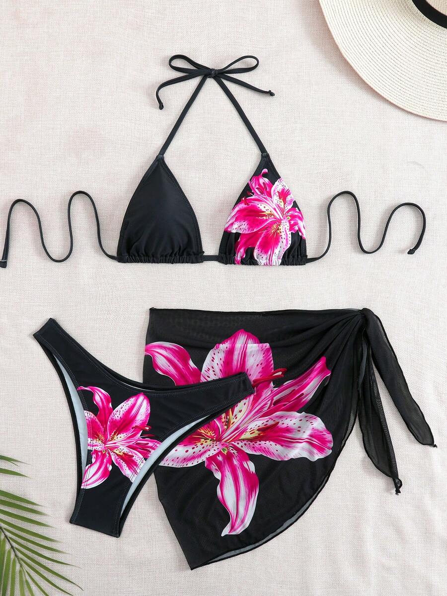 Swim Vcay Conjunto de bikini con estampado floral y falda de cobertura para mujer, vacaciones de verano en la playa, estampado aleatorio, conjunto de 3 piezas - Negro - Ver 1
