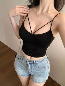 DAZY Women Summer Hollow Out Stretchy Cropped Cami Top Going Out Tops Tank Tops - Black - View 12
