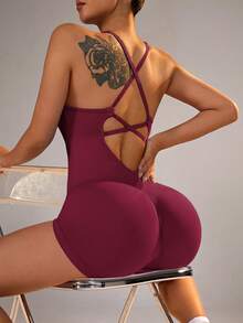 Slayform Bộ đồ tập yoga thể thao dây chéo lưng màu trơn dành cho nữ - Bold Plum - Xem 8