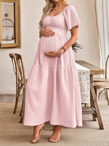 SHEIN Women's Casual Ruffle Sleeve Bow Back Design Maternity A-Line Dress - Pink - View 5