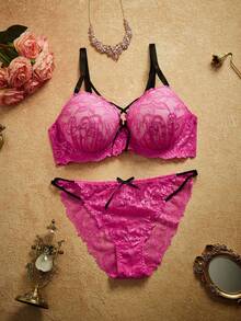 PinupPomp 2pcs Set Pakaian Dalam Babydoll Ukuran Plus dengan Motif Bunga Renda Romantis Warna Kontras Balconette 3/4 Cup Push-Up Pita Ruffle Manis Imut Nyaman - Hot Pink - View 1