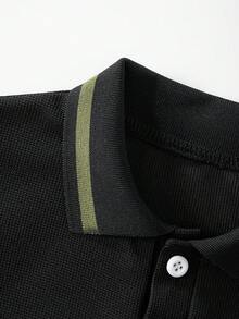 SHEIN Setelan Polo Kasual Anak Laki-Laki 2 Potong, Atasan dengan Motif Patchwork Blok Warna dan Dekorasi Label Tenun, Celana dengan Desain Blok Warna dan Potongan Kaki Meruncing, Kain Nyaman, Cocok untuk Musim Panas dan Musim Gugur - Hijau Tentara - View 5