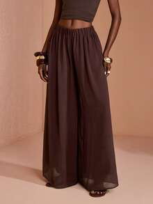 JIAN LASALA Elastic Waist Wide-Leg Floor-Length Oversized Casual Woven Pants Daily Vacation Dark Brown Summer - Coffee Brown - View 3