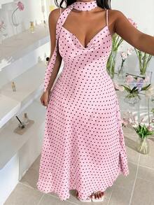 GalTyme Pink Plus Size Summer Elegant Polka Dot Print Cami Dress - Pink - View 7