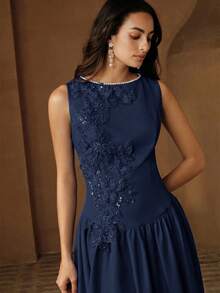 Anewsta Women's Summer Sleeveless Embroidered Floral Sky Blue Pearl Pleated Elegant New Spring/Summer Dress - Royal Blue - View 5