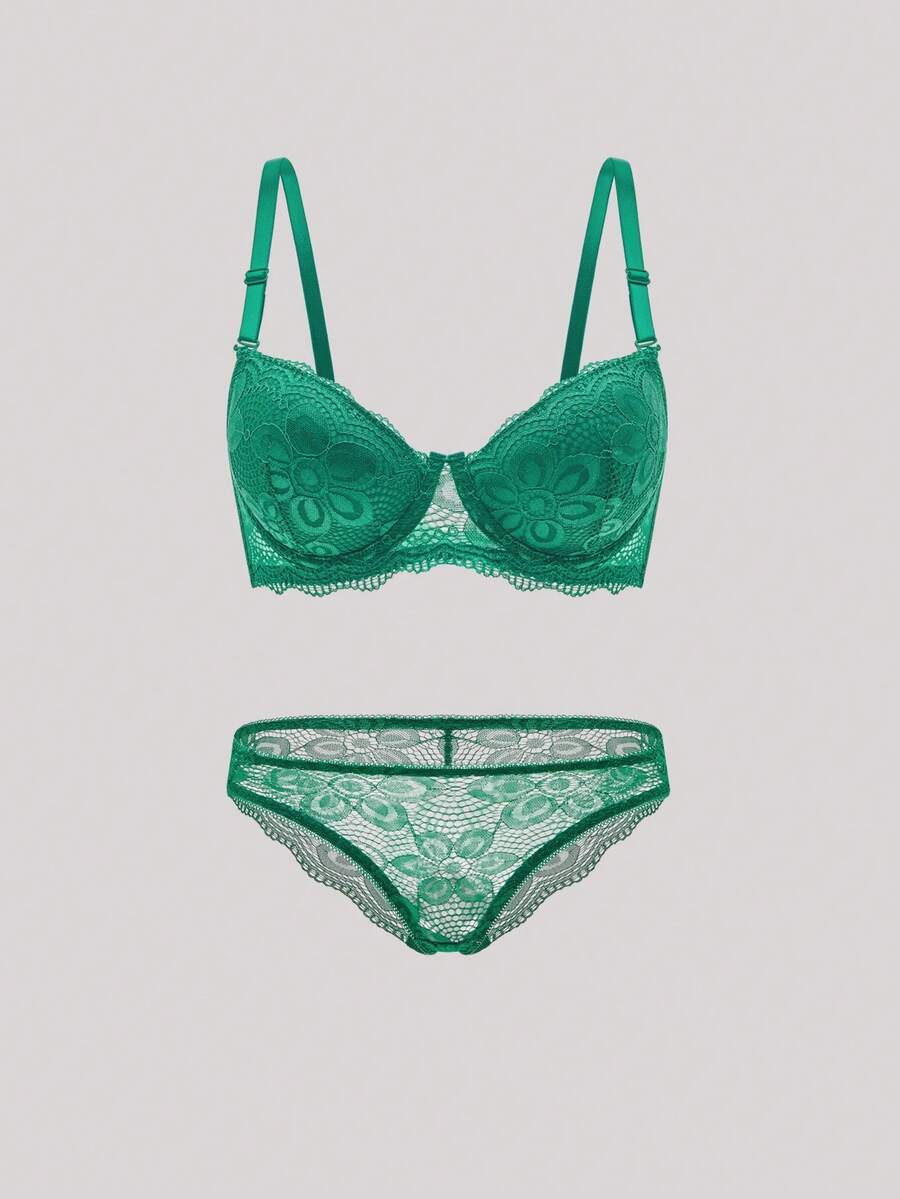 Hourtrue 2件組女款內衣套裝(含鋼圈胸罩、三角內褲)夏季適用 - 綠色 - 查看 1