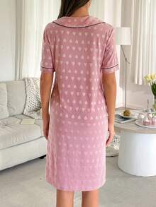 Moonlight&Mama Heart Jacquard Large Lapel Contrast Trim Striped Maternity Loungewear Dress - Pink - View 2