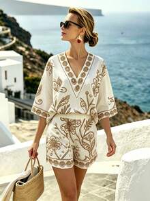 Breezaya Black & White Floral Print Vacation Set Women's Summer V-Neck Loose Top + High Waist Shorts Casual Two Pieces Set - Multicolor - View 6
