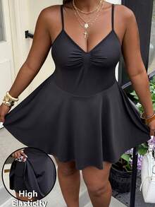Muchica Combinaison sans manches pour femmes grandes tailles, couleur unie avec poches, tenue une pièce - Noir - Voir 1