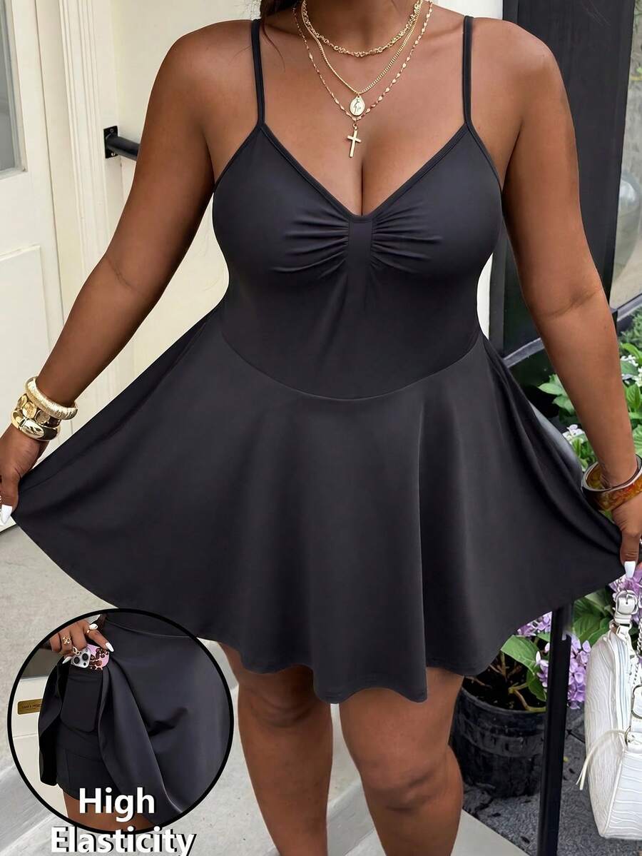 Muchica Combinaison sans manches pour femmes grandes tailles, couleur unie avec poches, tenue une pièce - Noir - Voir 1