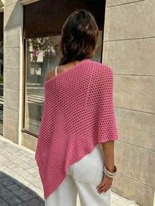 SHEIN Franclia Women's Solid Color Round Neck Hollow Design Asymmetric Hem Sweater Vacation Hot Pink Summer Casual - Hot Pink - View 2