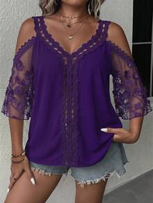 Reflora Plus Size Women's Lace Floral Embroidered Pattern Casual Versatile Daily Outing Shirt - Purple - View 1