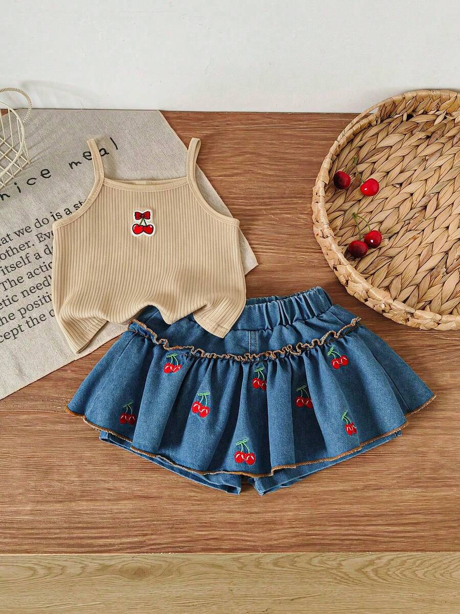 Genkimix Kids 2件組少女櫻桃刺繡羅紋背心上衣與牛仔裙褲套裝,度假返校休閒穿搭套裝 - 卡其色 - 查看 1