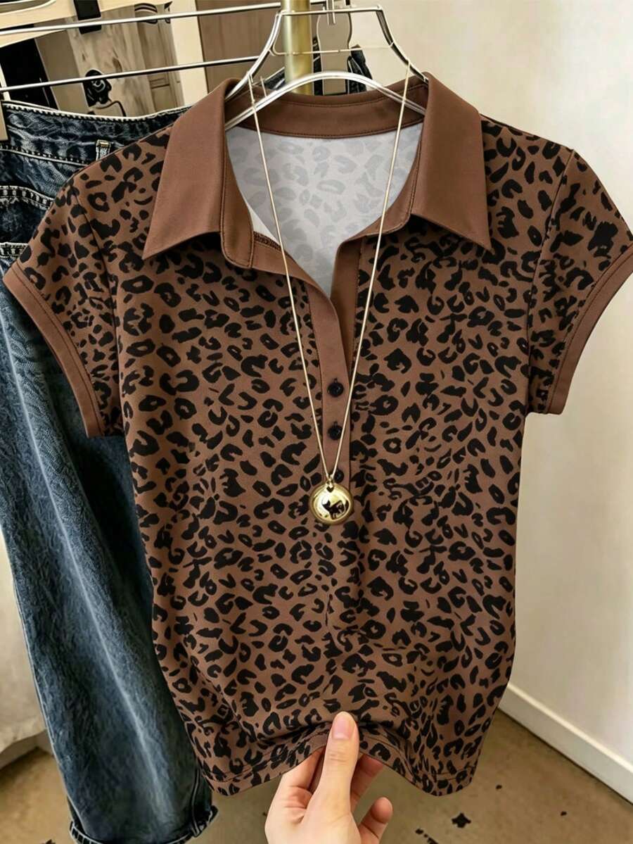 Resyla Women's Summer Casual Fashion Daily Commute Leopard Print Cap Sleeve Polo Shirt - Multicolor - View 1