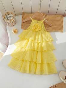 Babygirl Cute Elegant Yellow Ruffle Floral Sleeveless Dress - Yellow - View 10