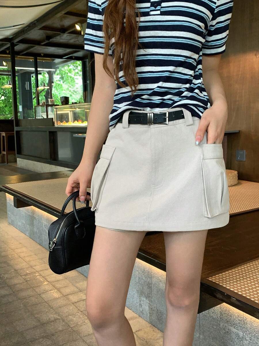 DAZY Women's Solid Color Pocket Design Casual Skirt School - Khaki - View 1