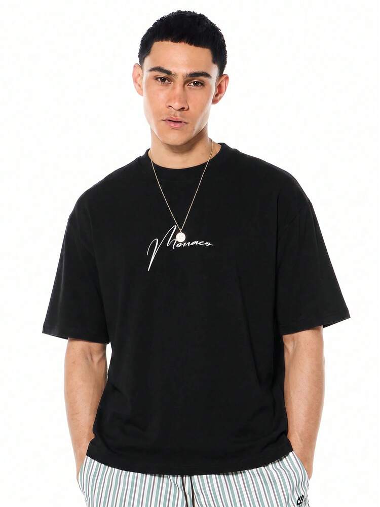 Monaco Script Graphic Printed Oversized Box Fit Crew Neck Short Sleeve Summer Casual T-Shirt