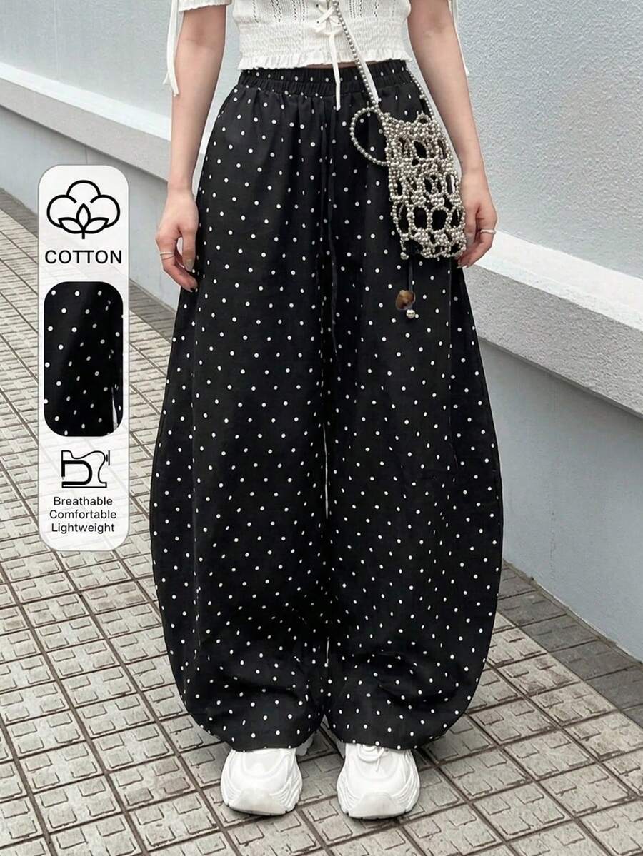 FRIFUL Women's Polka Dot Pattern Wide Leg Loose Casual Pants - Black - View 1