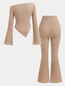 SHEIN Teen Girl 2pcs/Set Casual Gray Pleated Long Sleeve Fitted Knit Top And Flare Pants Set For Home And Outdoors, Travel Outfit Airport - Khaki - View 2