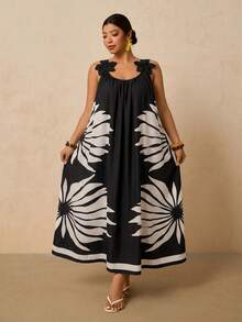 Travachic Plus Size Women's Vacation Botanical Print Casual Spaghetti Strap Dress - Black - View 4